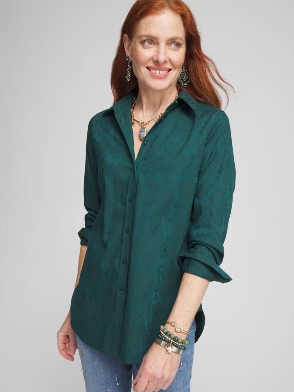 Chico's Size 4 US 20 Deep Teal Floral Jacquard Button Down Shirt